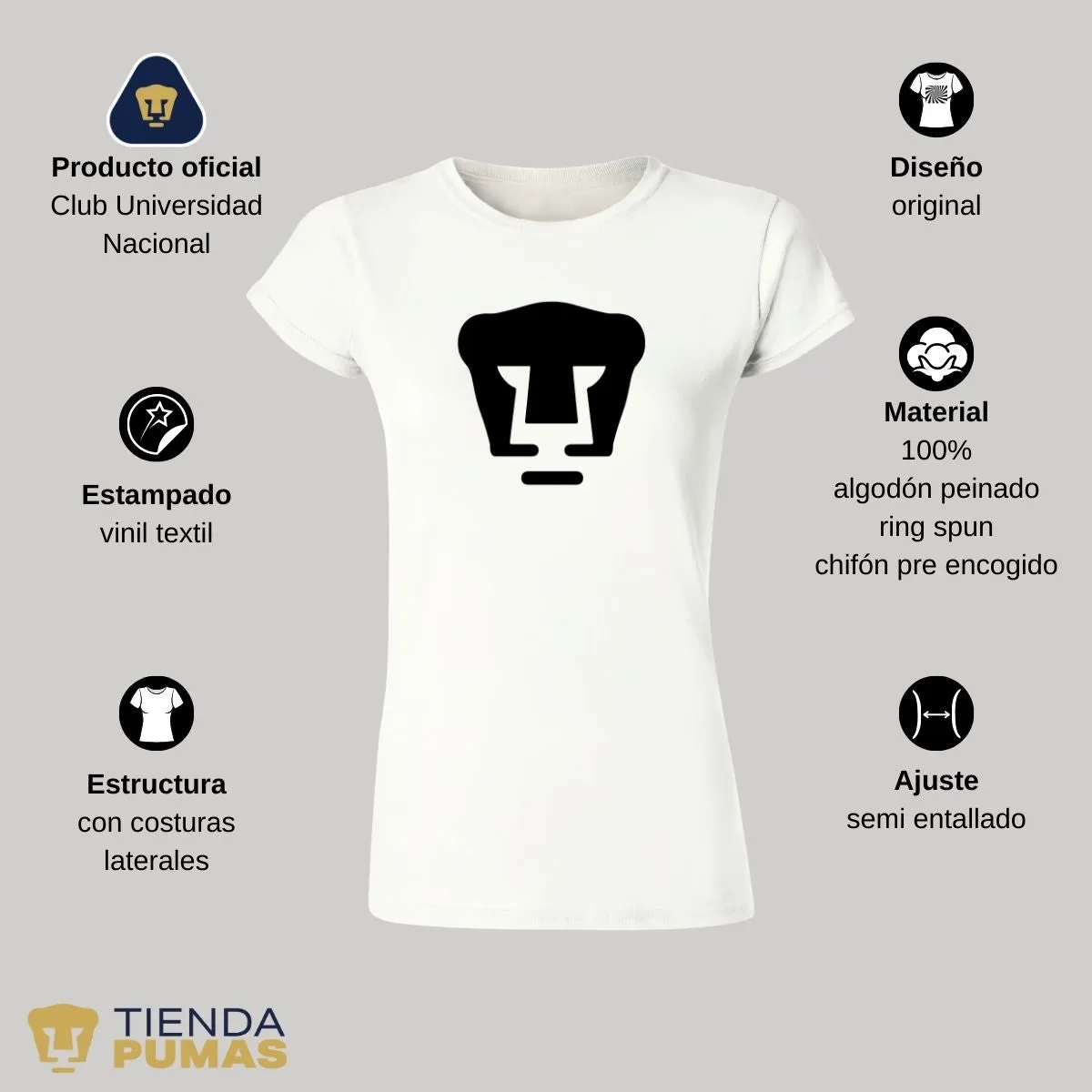 Playera Mujer Pumas UNAM Logo Monocromatico Vinil