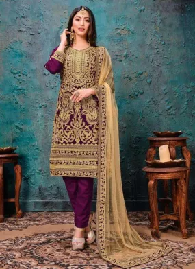 Purple Georgette Hit Original Pakistani Style Festive Party Wear Straight Salwar Kameez