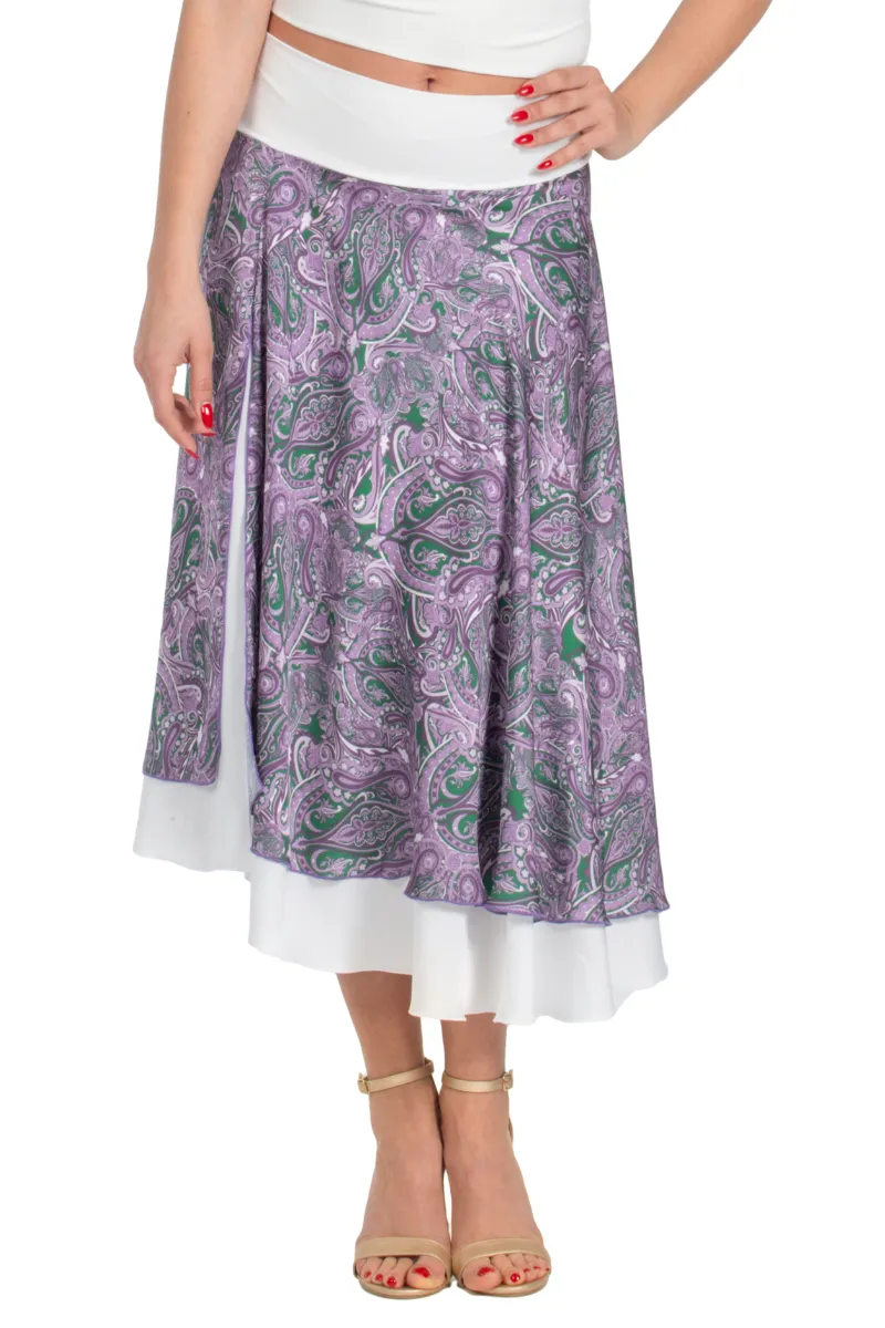 Purple Paisley Print Two-layer Satin Dance Skirt