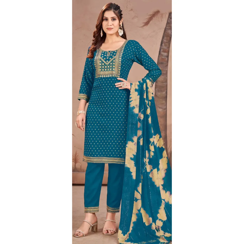 Rayon Embroidery Sequence Party Wear Women's Kurta Suit Blue