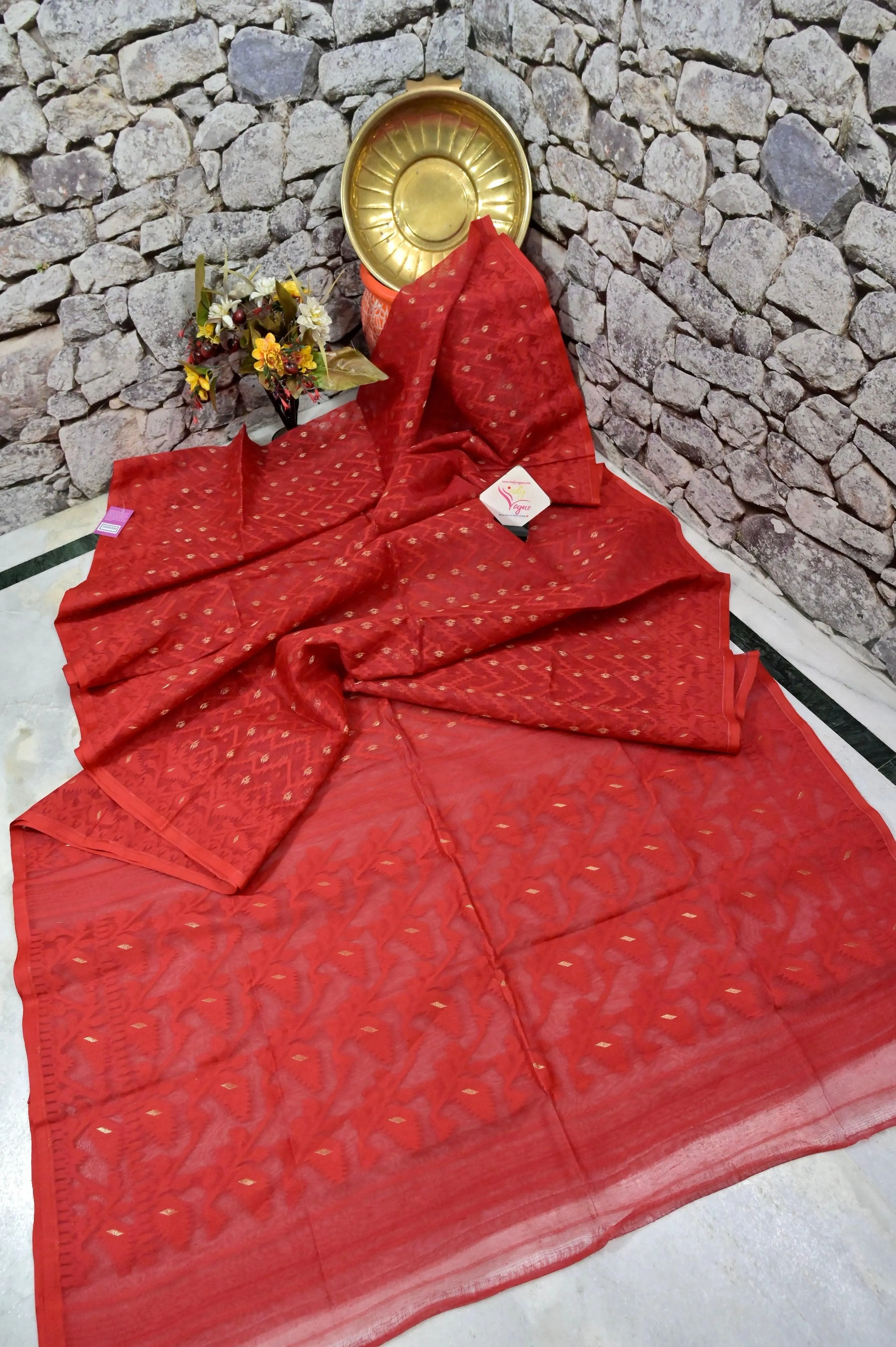 Red Color Jamdani Saree with Allover Work