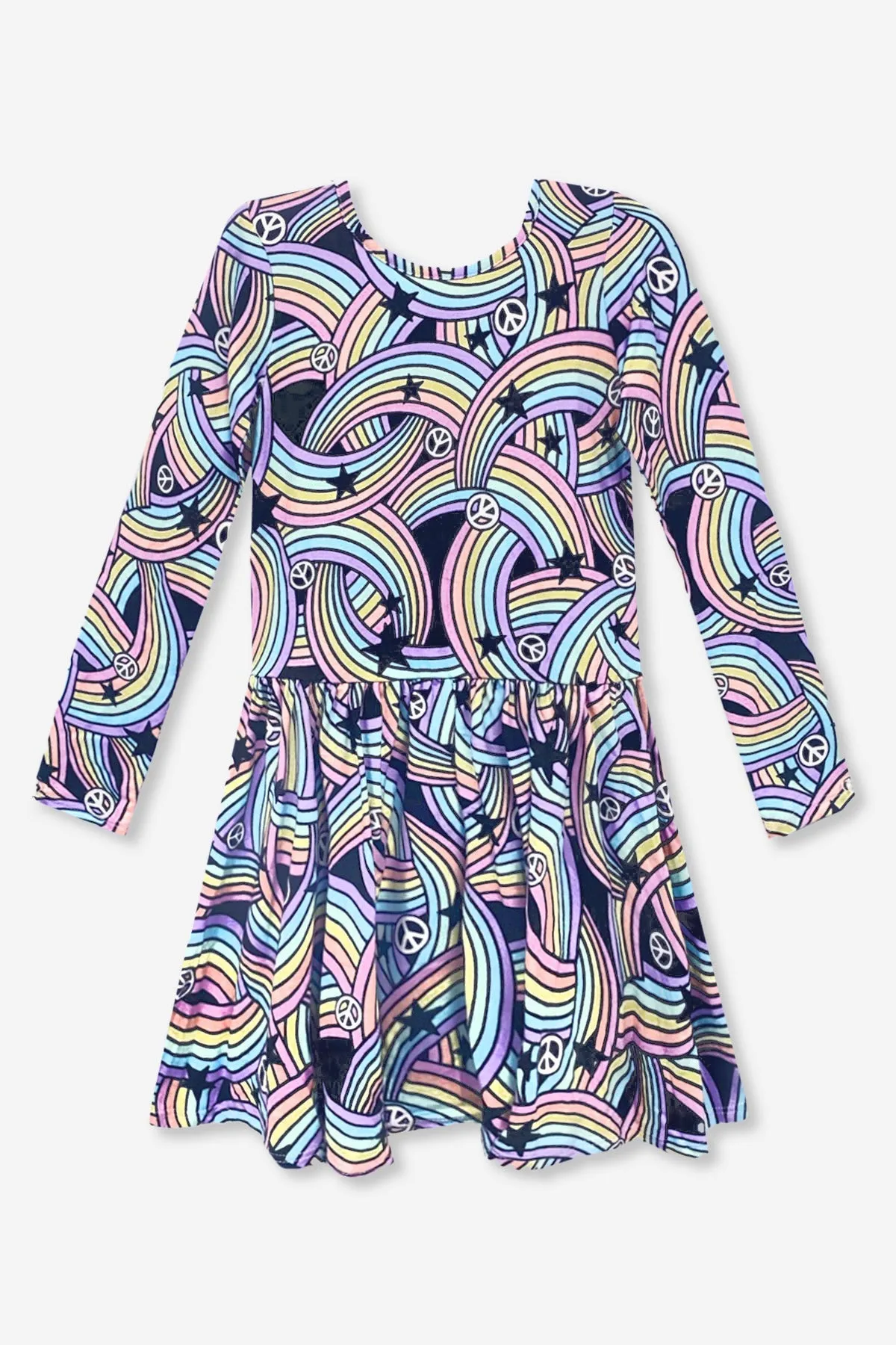 Simply Soft Long Sleeve Cross-Back Be Happy Dress - Black Pastel Rainbow Stars