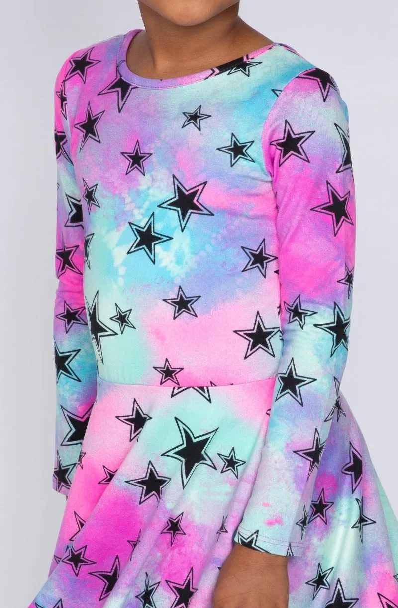 Simply Soft Long Sleeve Skater Dress - Aqua Pink Tie Dye Stars