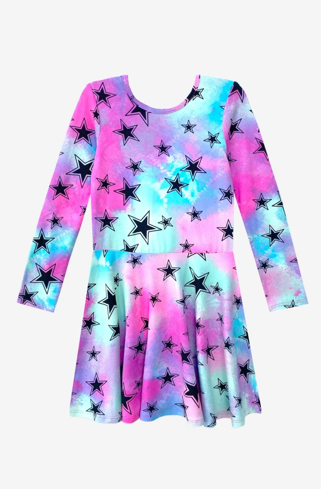 Simply Soft Long Sleeve Skater Dress - Aqua Pink Tie Dye Stars