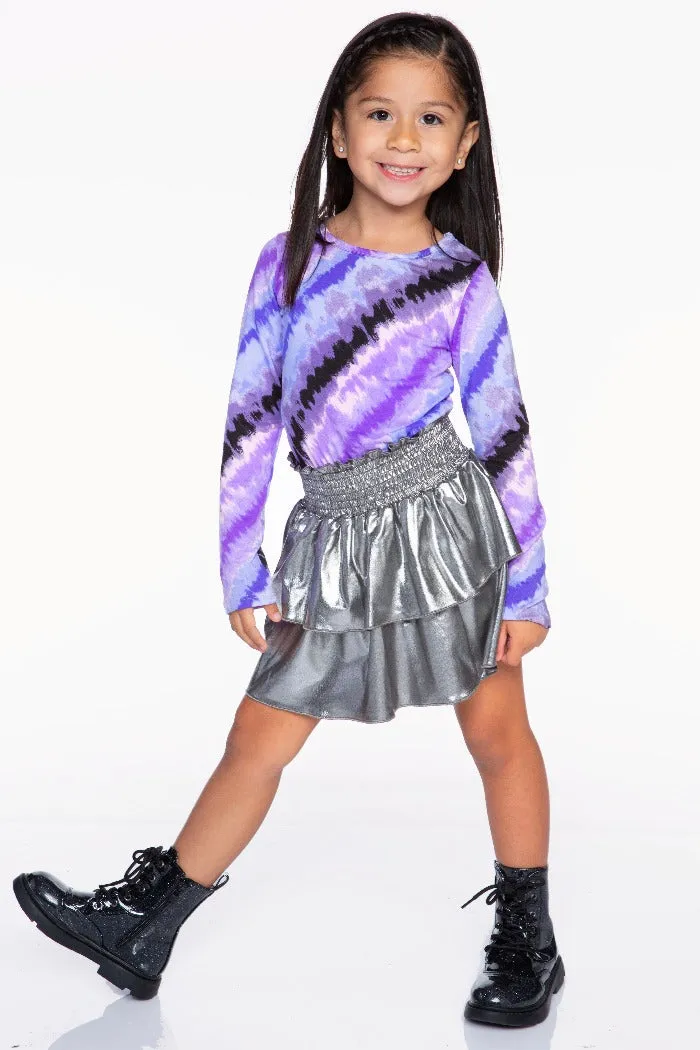 Simply Soft Long Sleeve Smocked Skirt Dress – Purple Watercolor Tie Dye Silver Glitter