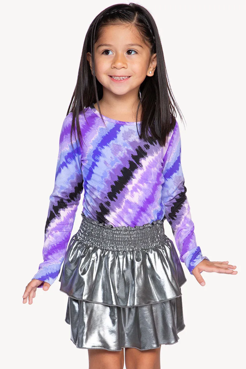 Simply Soft Long Sleeve Smocked Skirt Dress – Purple Watercolor Tie Dye Silver Glitter