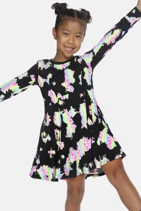 Simply Soft Long Sleeve Twirl Dress - Black Rainbow Leopard