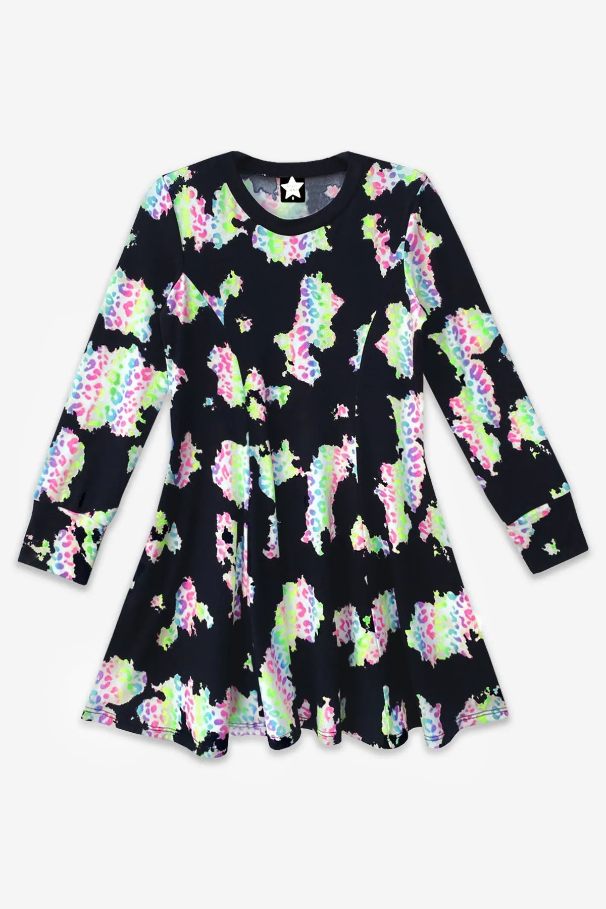 Simply Soft Long Sleeve Twirl Dress - Black Rainbow Leopard