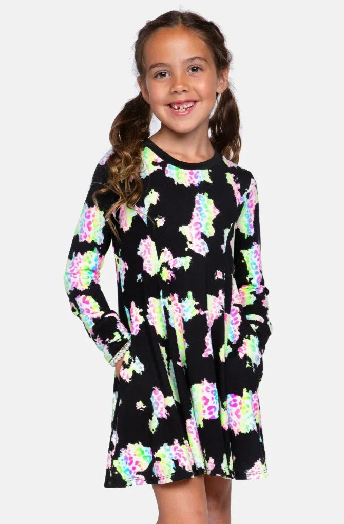 Simply Soft Long Sleeve Twirl Dress - Black Rainbow Leopard