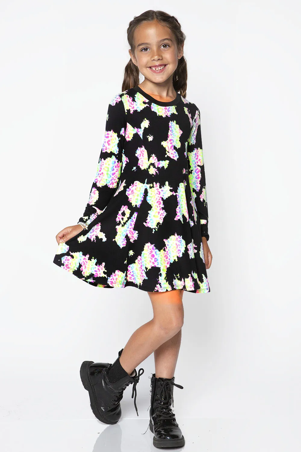 Simply Soft Long Sleeve Twirl Dress - Black Rainbow Leopard