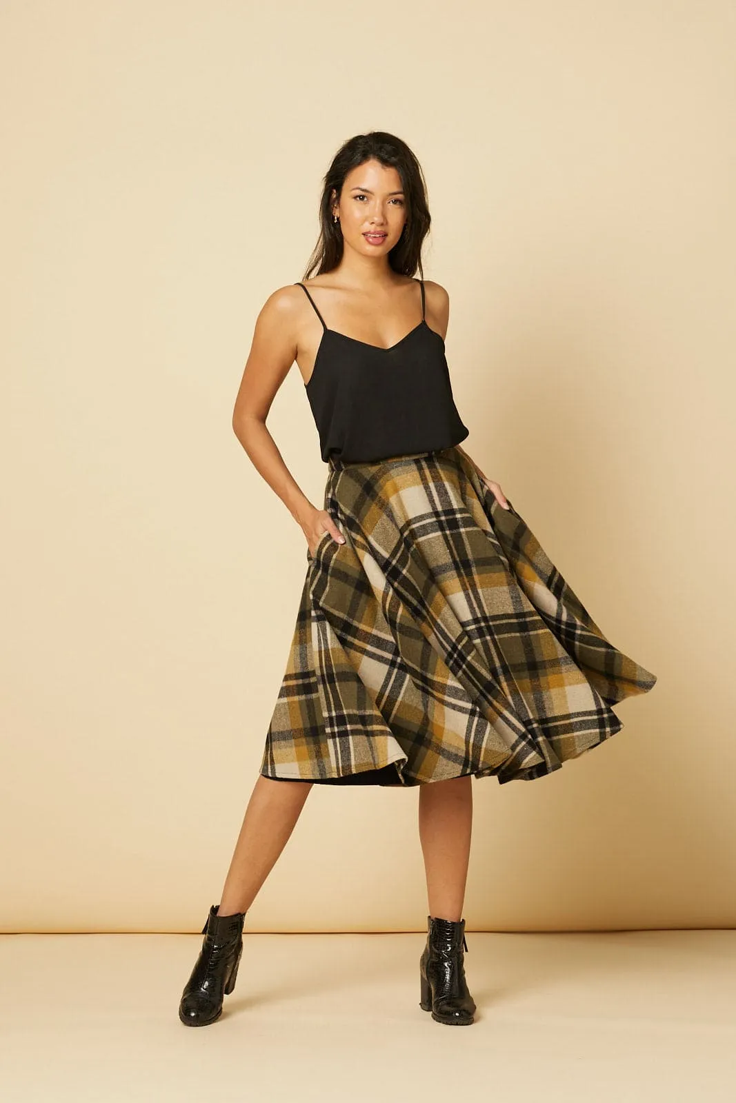 Sophie Khaki Woollen Check Tartan Midi Swing Skirt