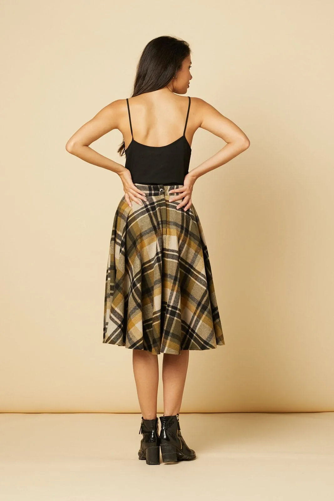 Sophie Khaki Woollen Check Tartan Midi Swing Skirt