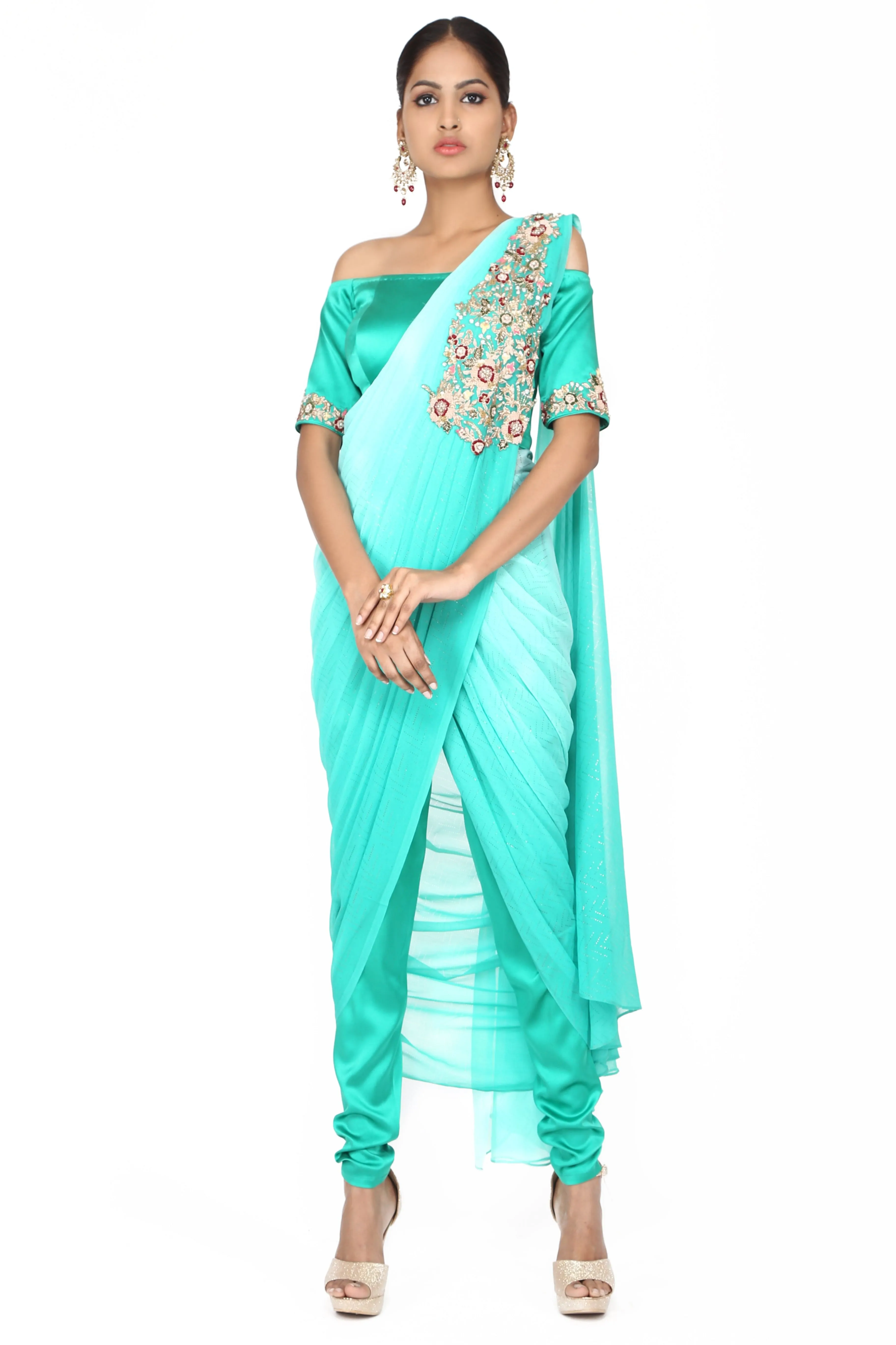 Turquoise blue ombre off-shoulder drape saree