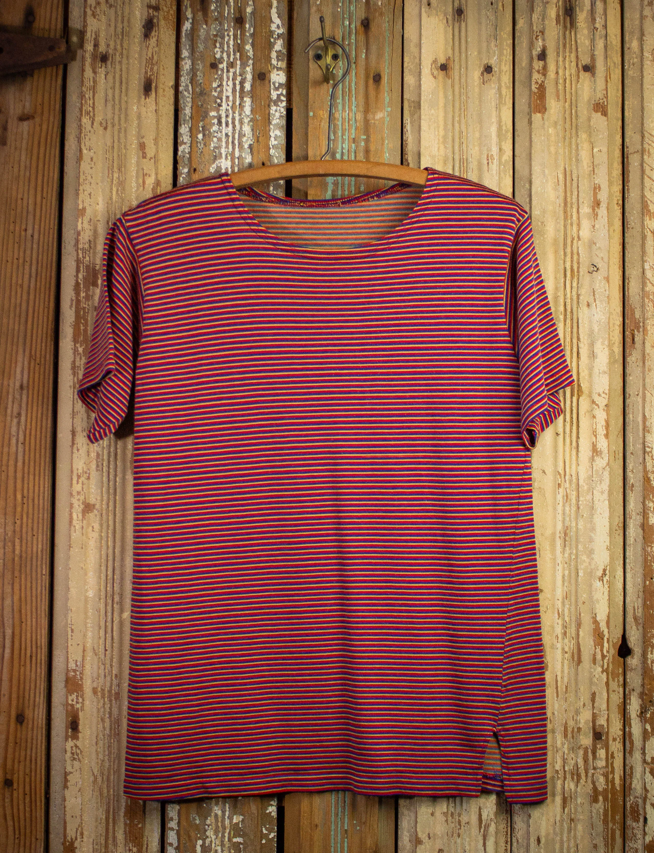 Vintage 70s Striped T Shirt Red, Blue, and Yellow Small