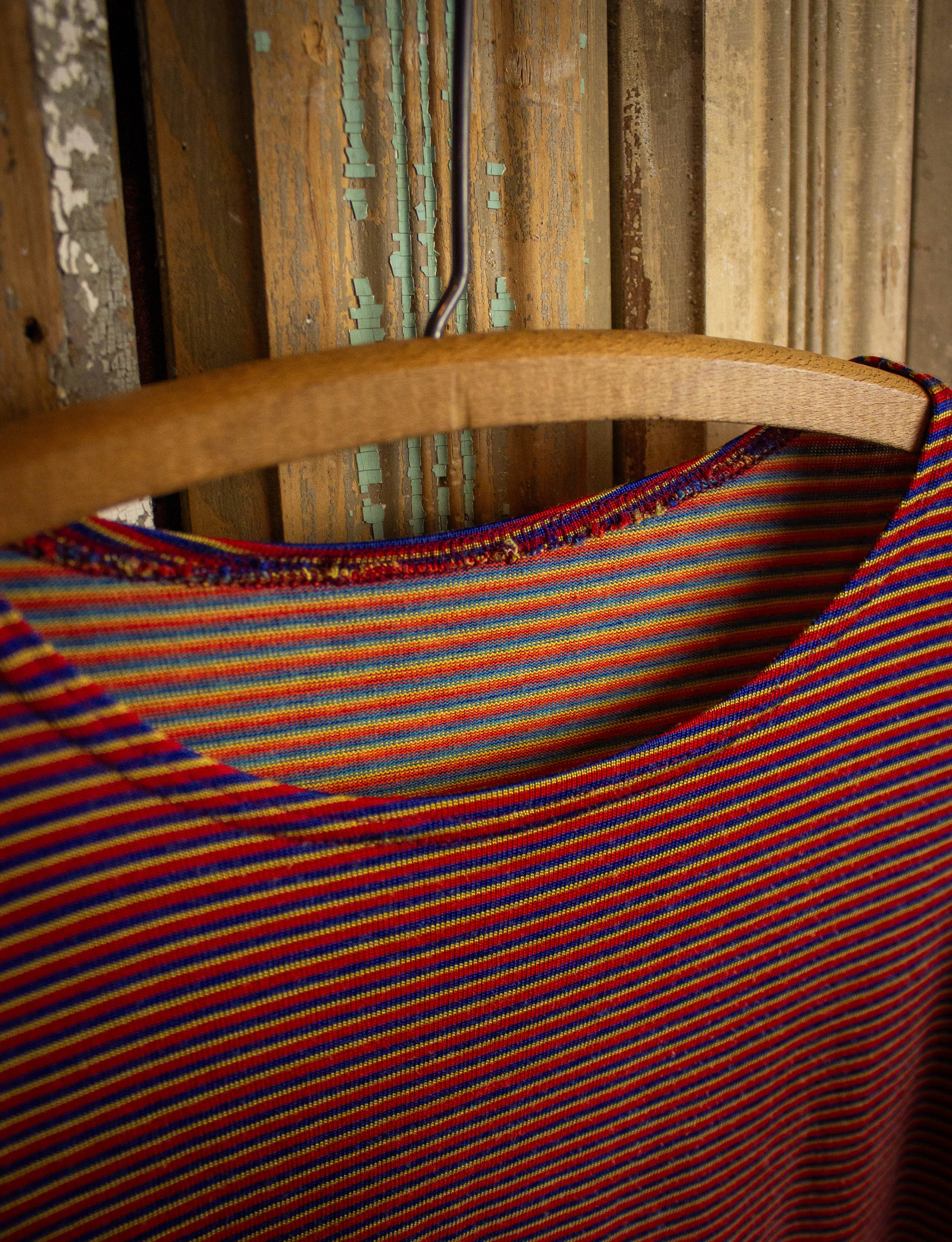 Vintage 70s Striped T Shirt Red, Blue, and Yellow Small