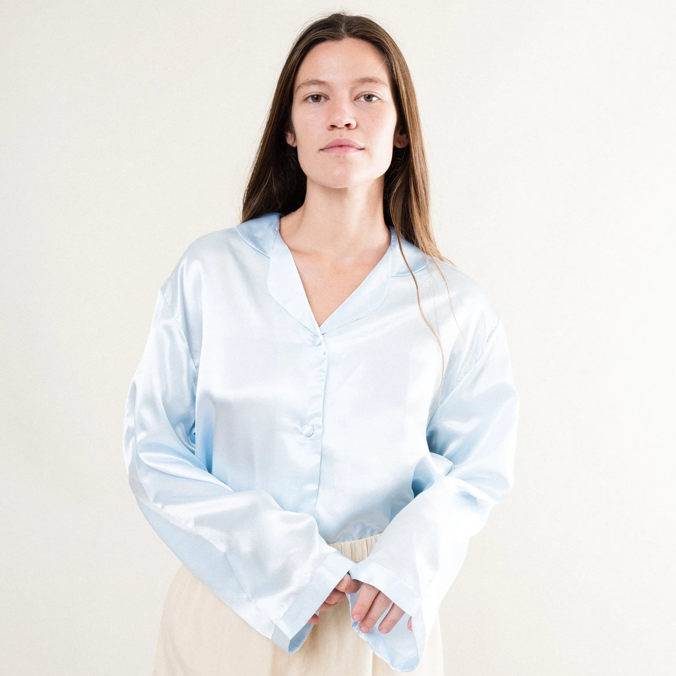 Vintage Baby Blue Pure Silk Satin Blouse (S/M)