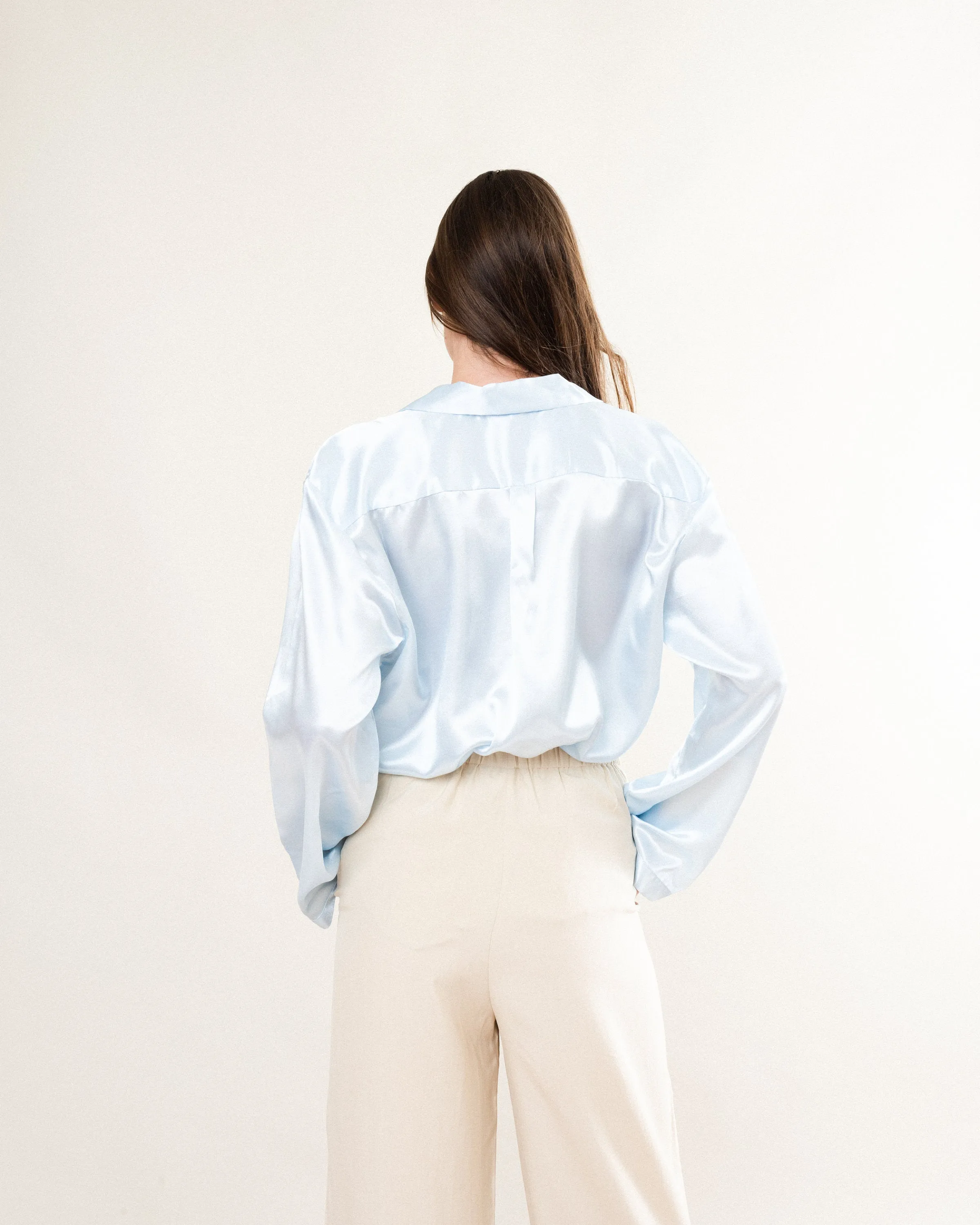 Vintage Baby Blue Pure Silk Satin Blouse (S/M)