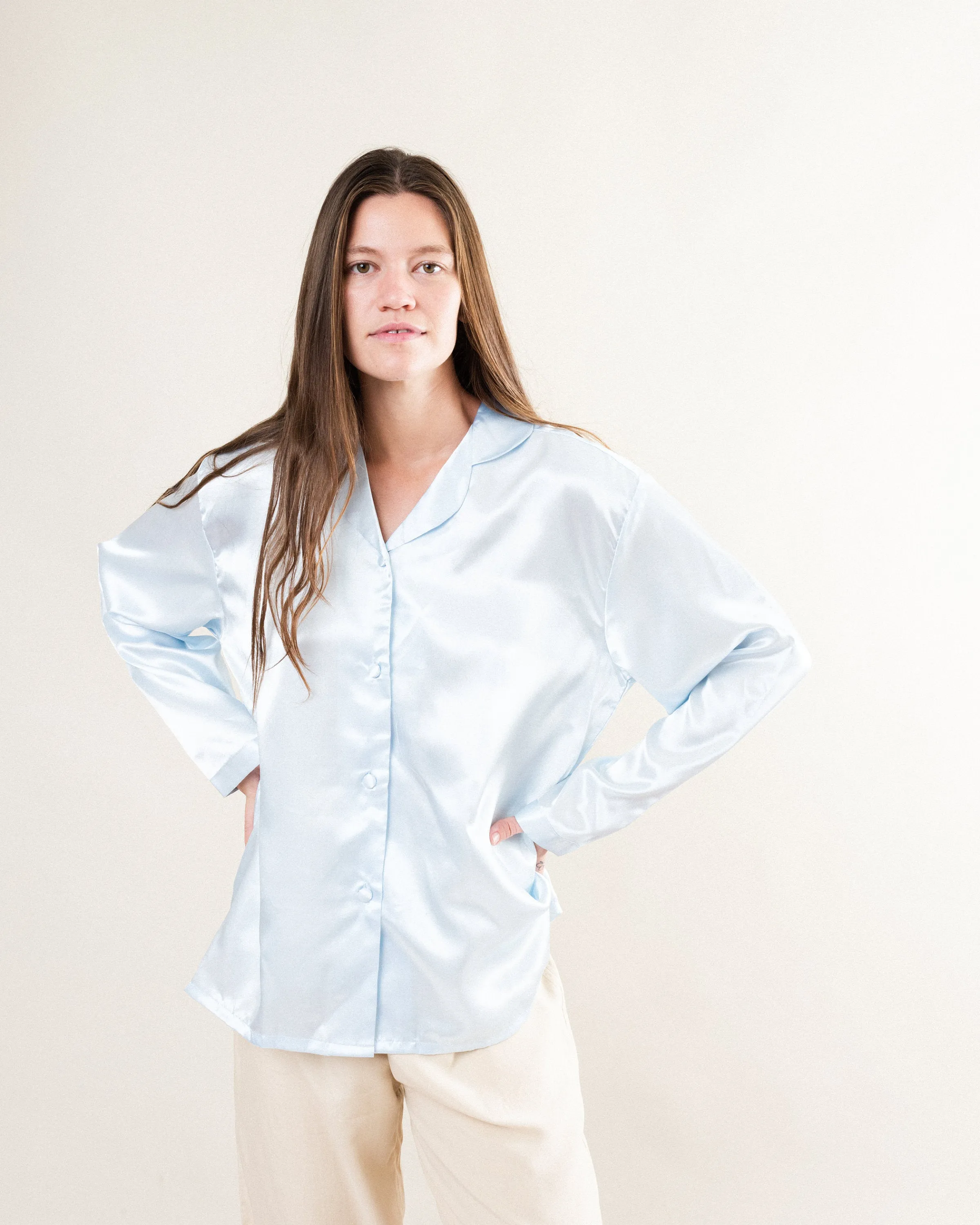 Vintage Baby Blue Pure Silk Satin Blouse (S/M)