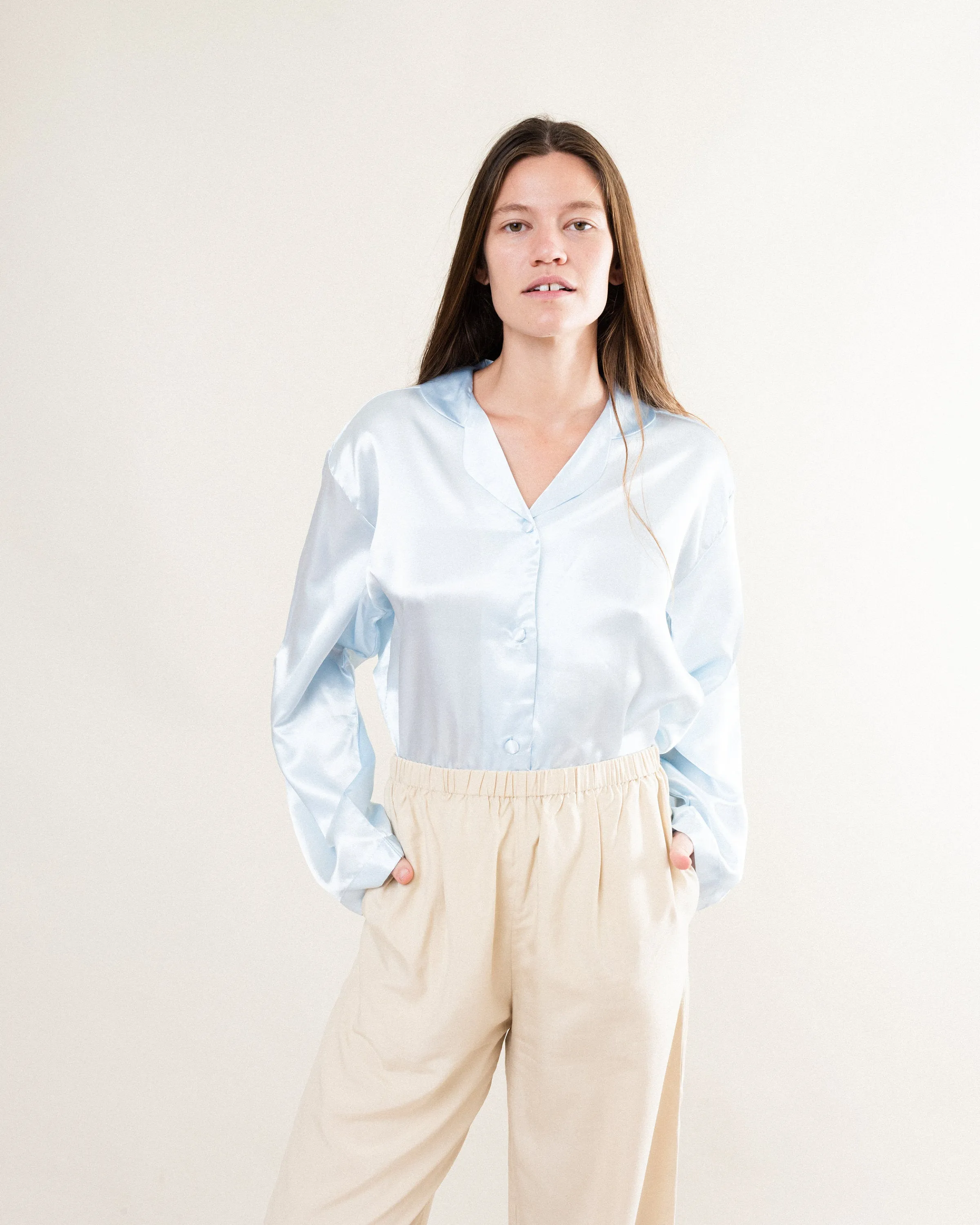 Vintage Baby Blue Pure Silk Satin Blouse (S/M)