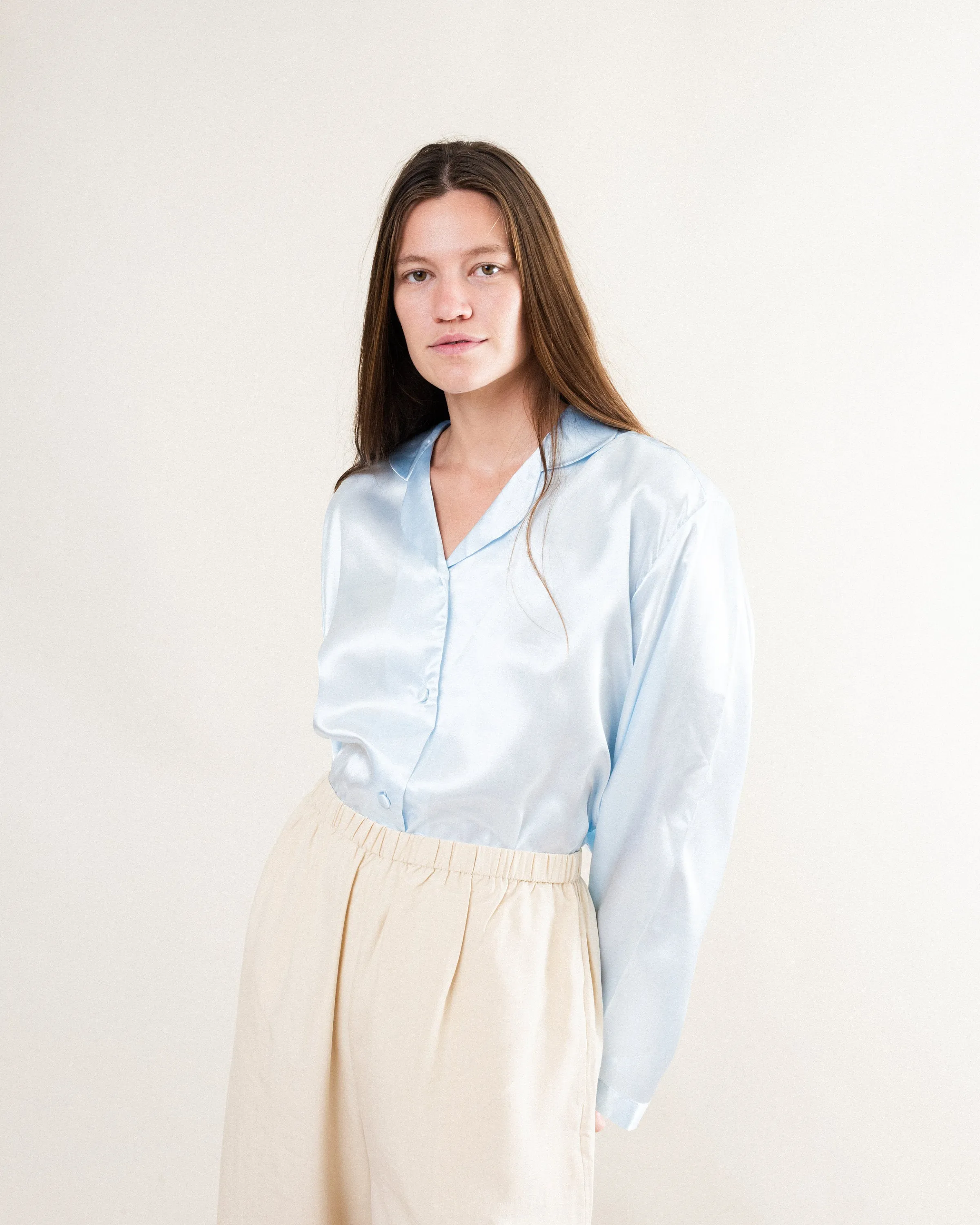 Vintage Baby Blue Pure Silk Satin Blouse (S/M)