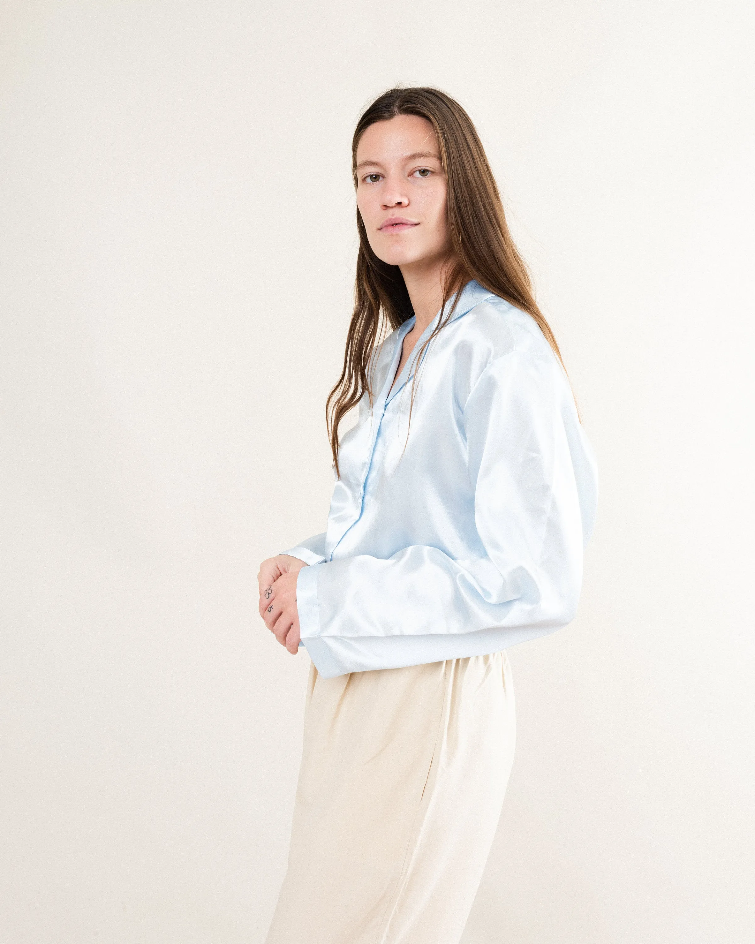 Vintage Baby Blue Pure Silk Satin Blouse (S/M)