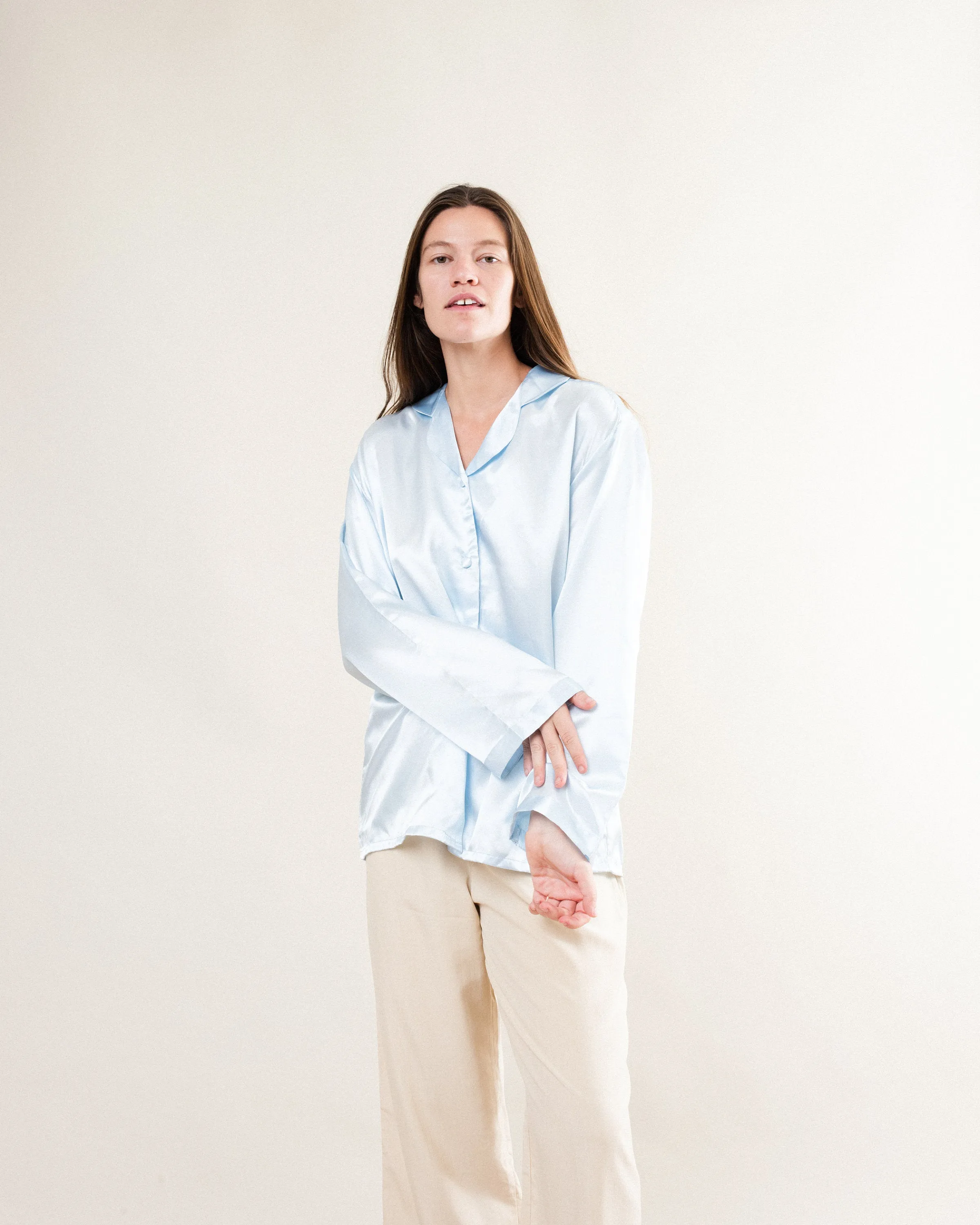 Vintage Baby Blue Pure Silk Satin Blouse (S/M)