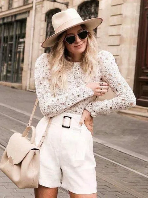 Vintage Elegant Floral Lace Blouse Shirt Women Long Sleeve White Blouse