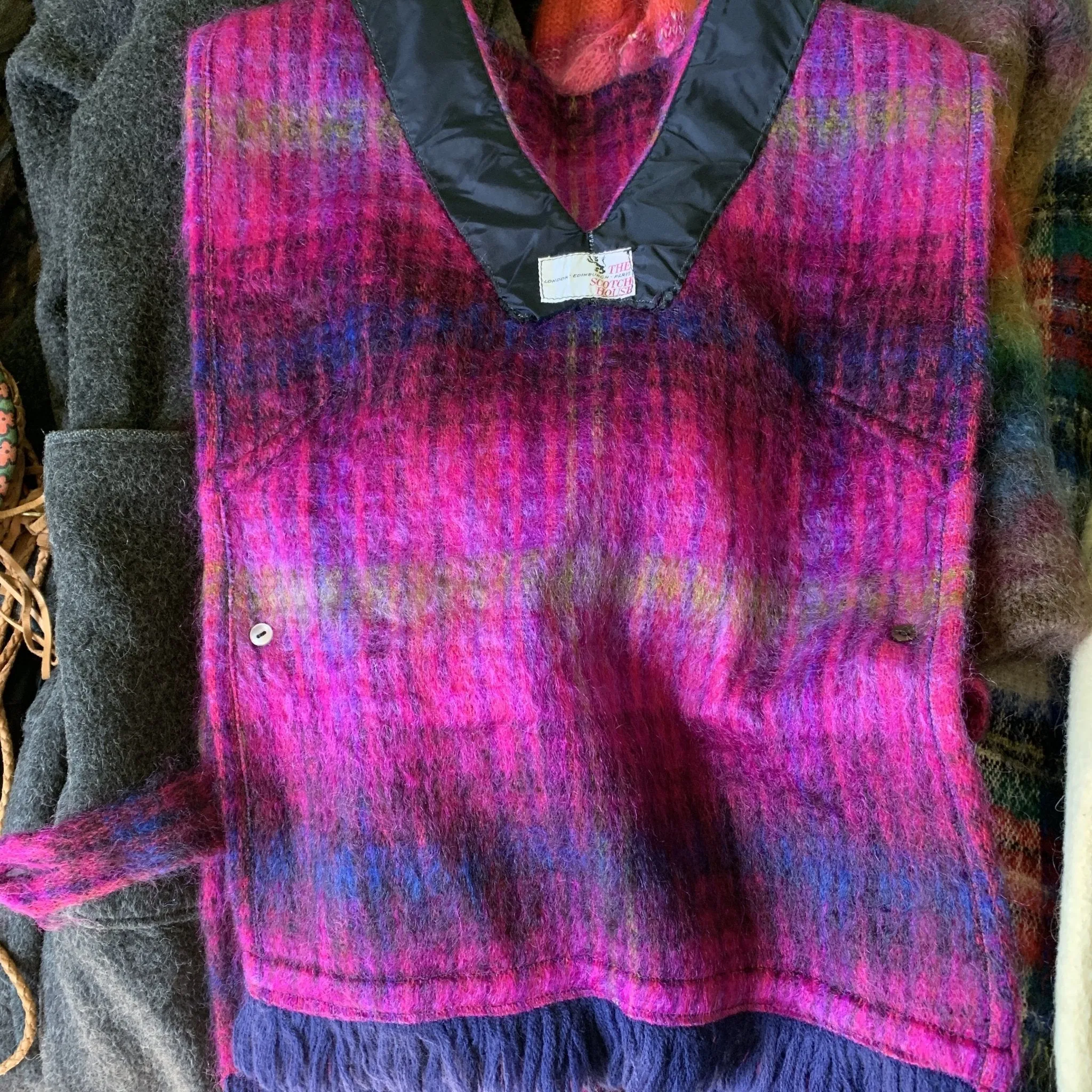 Vintage Pink Plaid Mohair Wool Poncho Vest. Perfect for Fall and Winter Fashion Accessory.