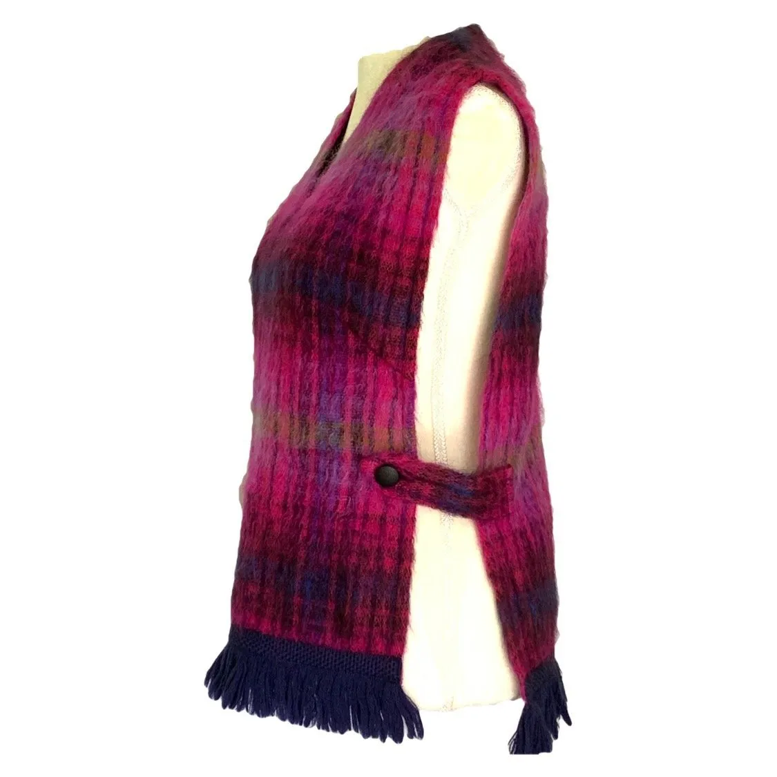 Vintage Pink Plaid Mohair Wool Poncho Vest. Perfect for Fall and Winter Fashion Accessory.