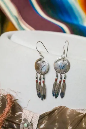 Vintage Sterling Silver Cow Skull and Feather Earrings