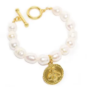 Water pearl Bracelet with bee coin charm