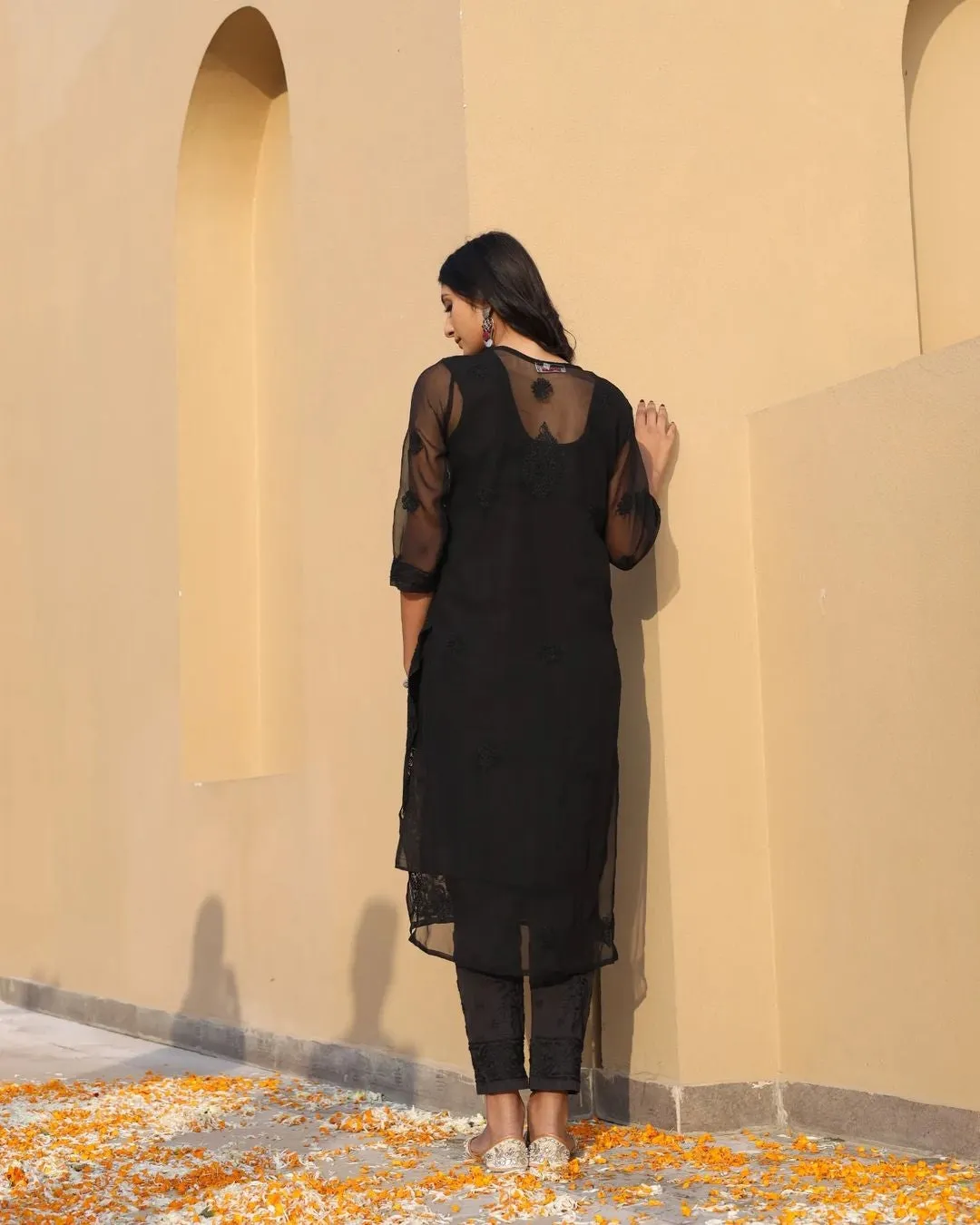 Zara Black Georgette Chikankari Long Kurti