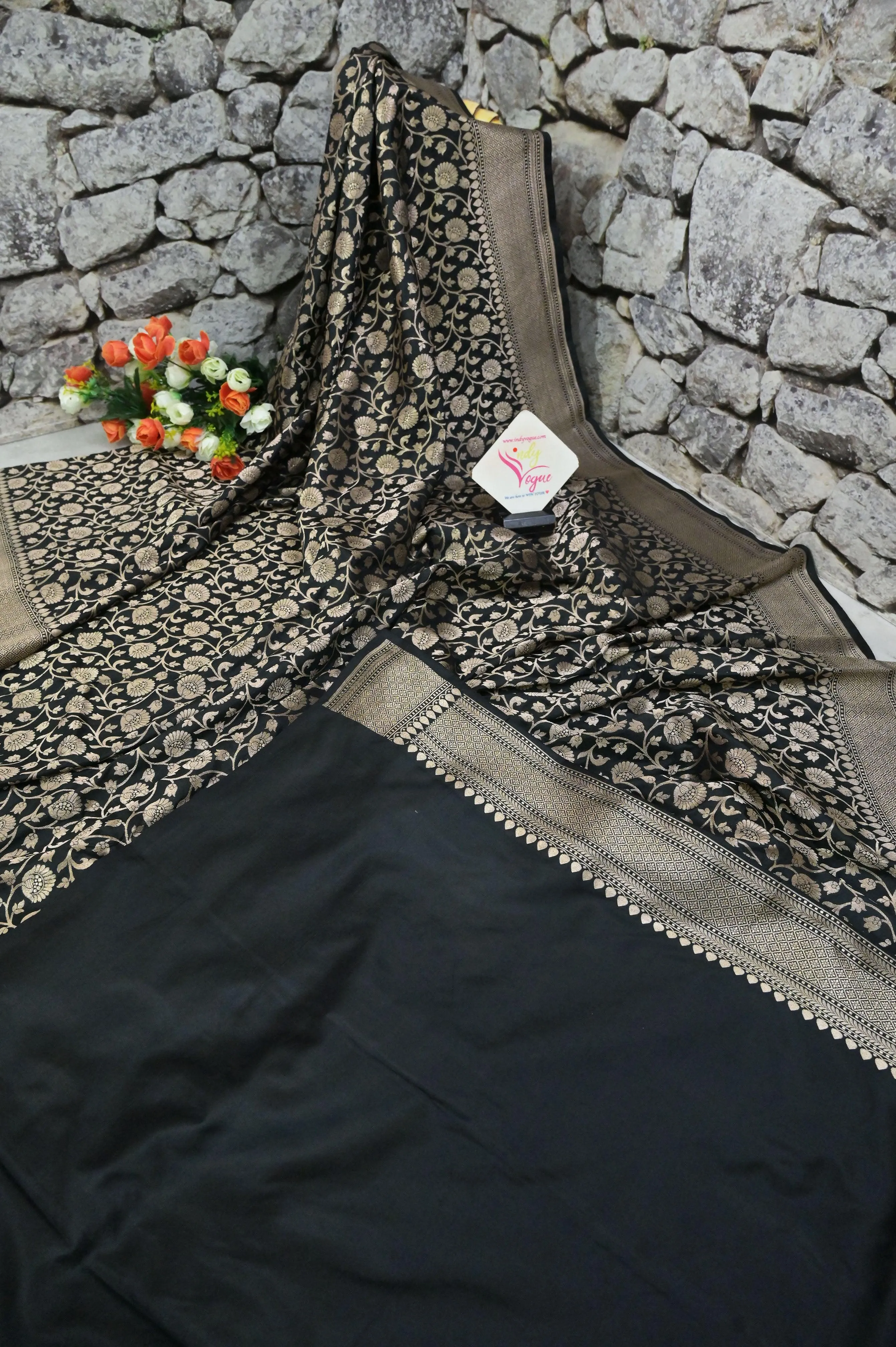 Zeus Black Color Katan Banarasi Saree with Allover Jaali Work