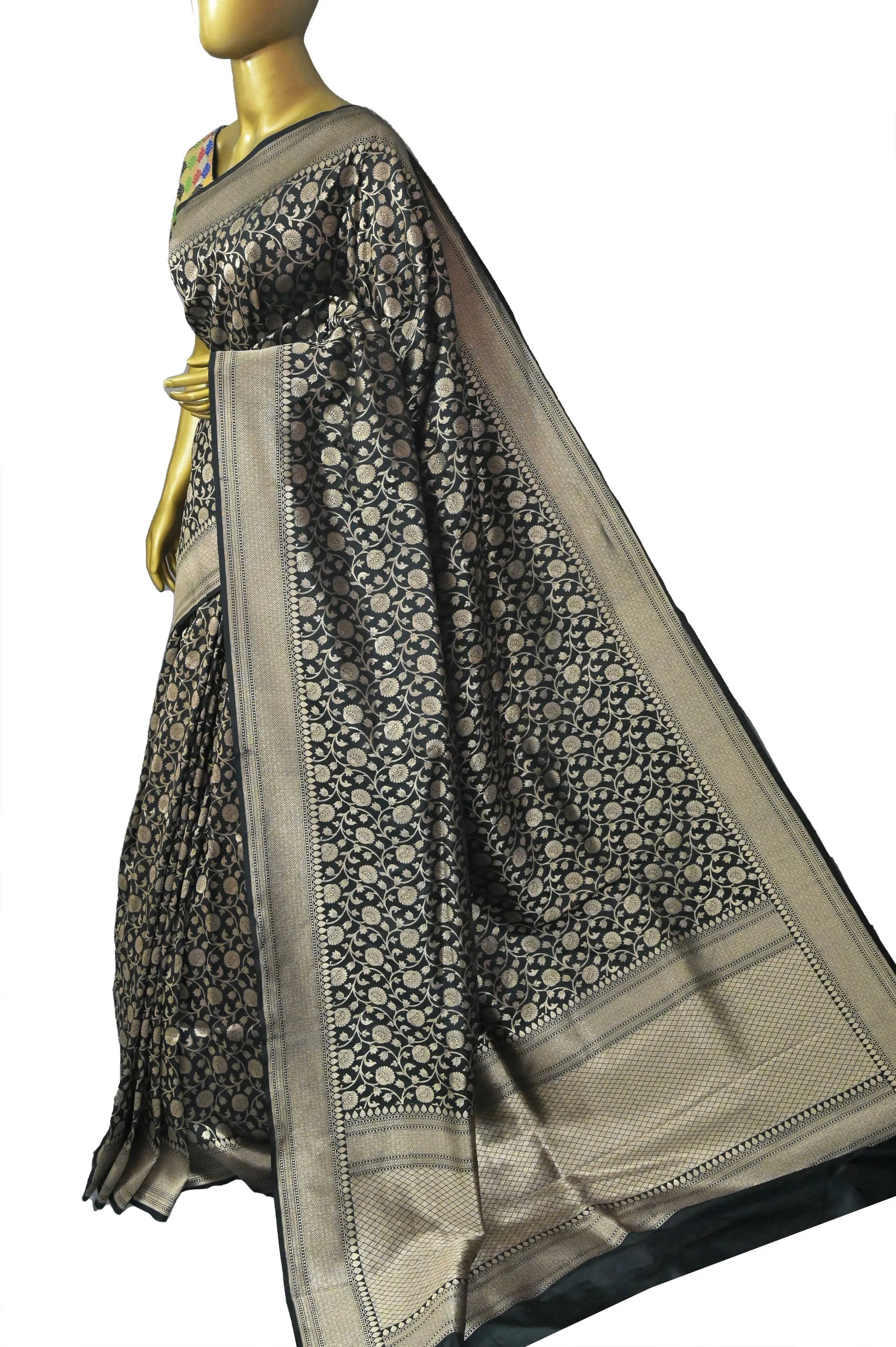 Zeus Black Color Katan Banarasi Saree with Allover Jaali Work