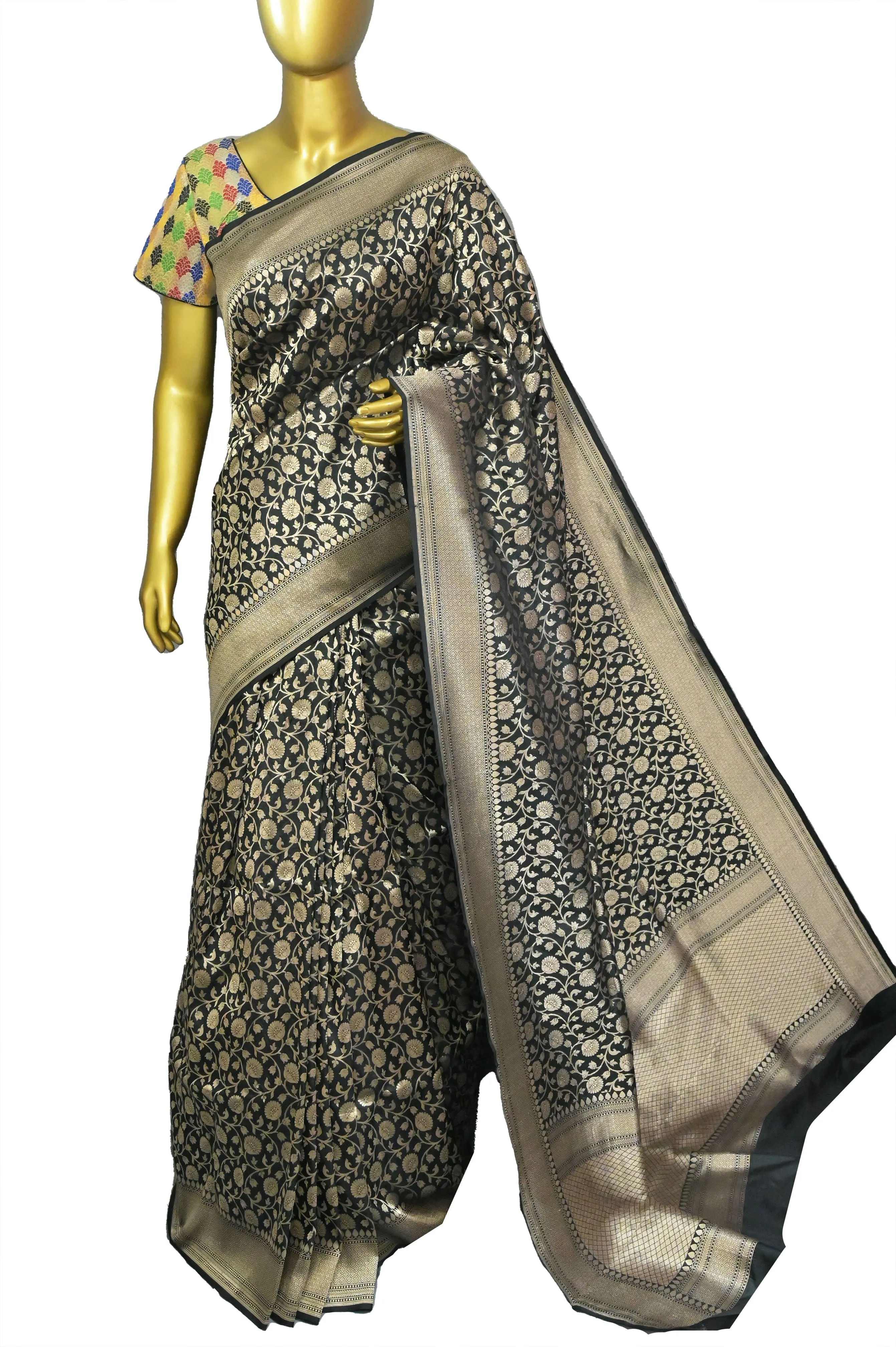 Zeus Black Color Katan Banarasi Saree with Allover Jaali Work