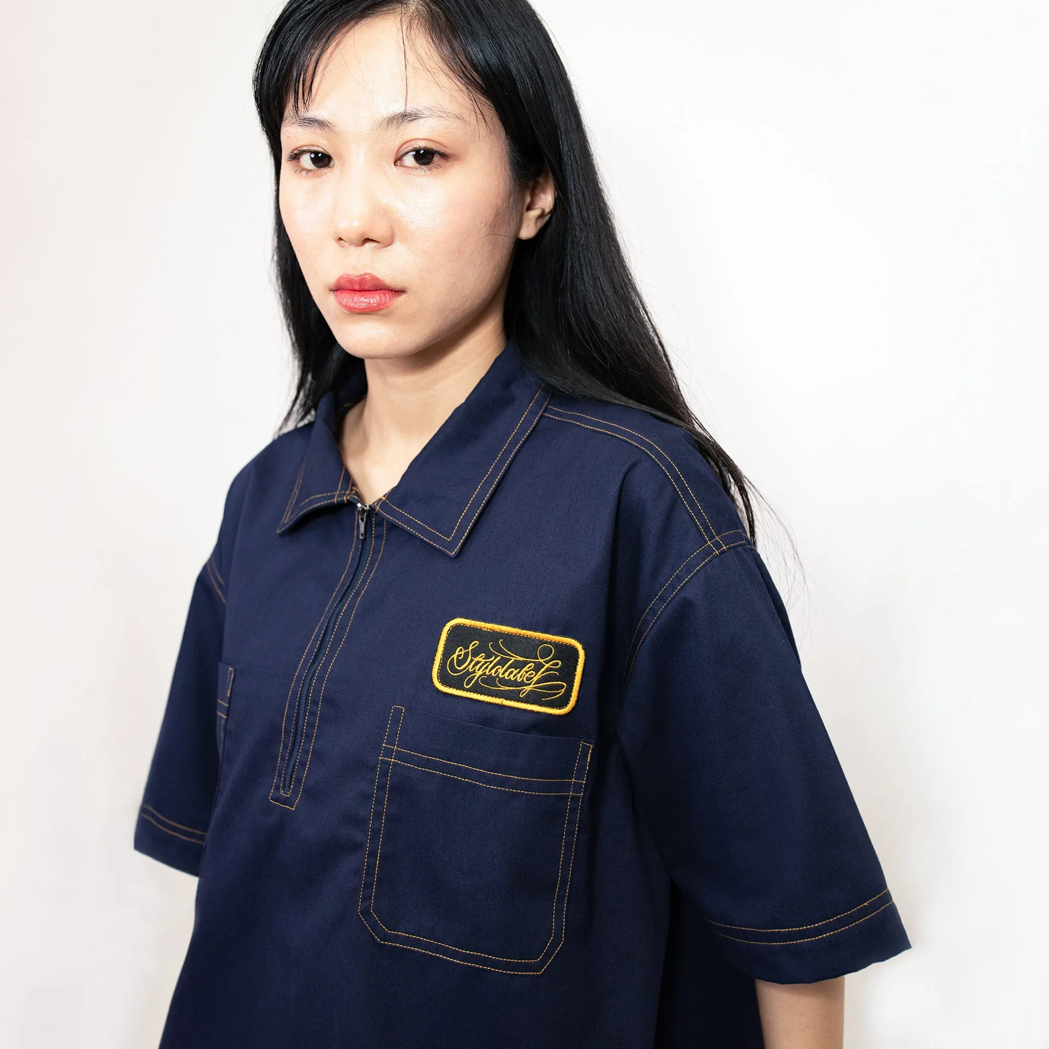 Zip up Patch Workshirt (NAVY BLUE)